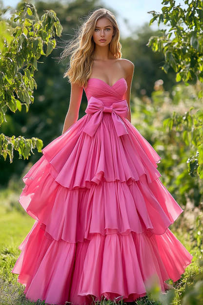 Leely Women Princess Pink Sweetheart Tiered Prom Dress A Line Bow Ruched Long Formal Dress