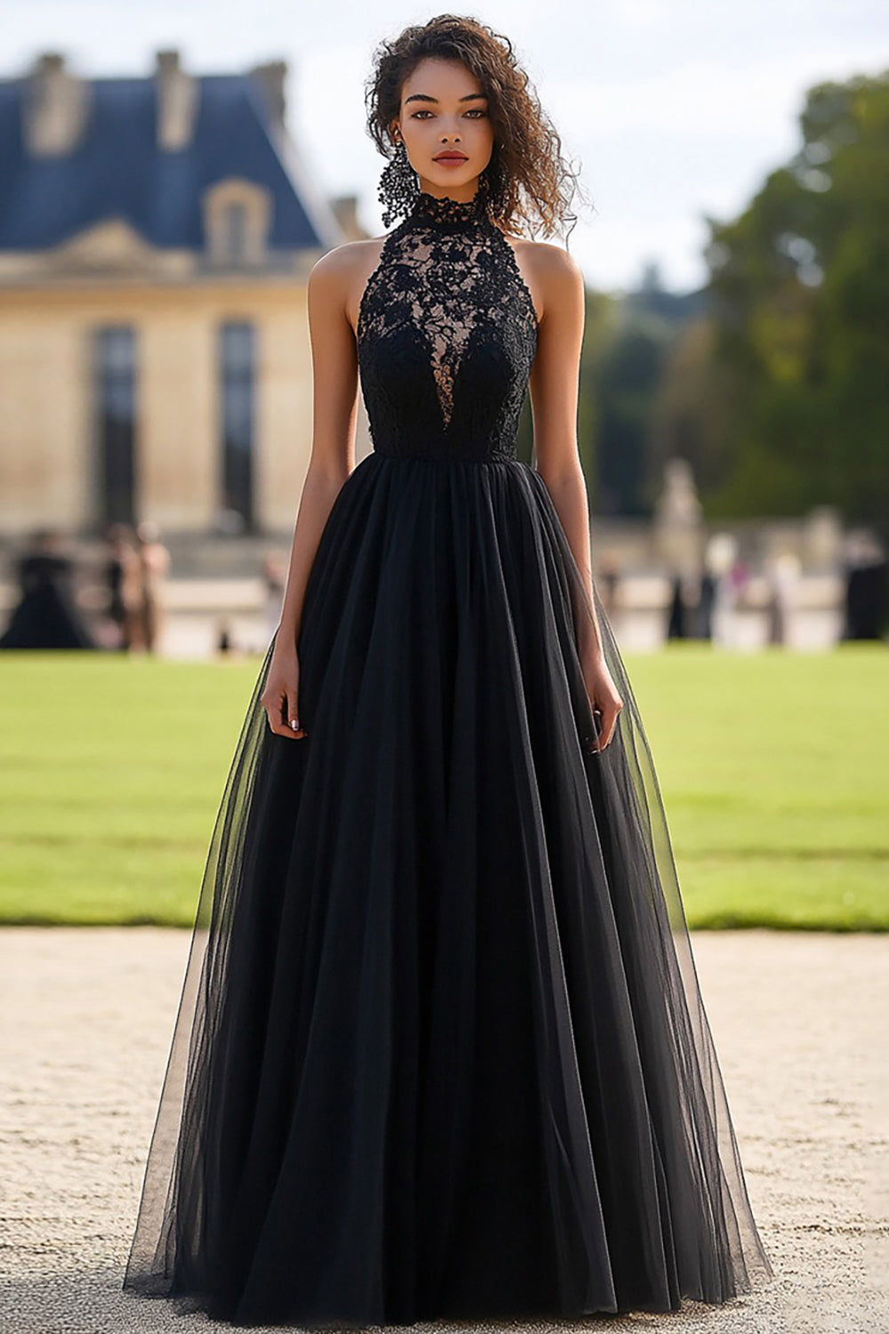 Leely Women Black Halter Lace Applique Prom Dress A Line Tulle Long Formal Dress