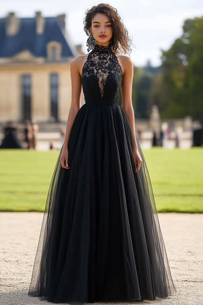 Leely Women Black Halter Lace Applique Prom Dress A Line Tulle Long Formal Dress