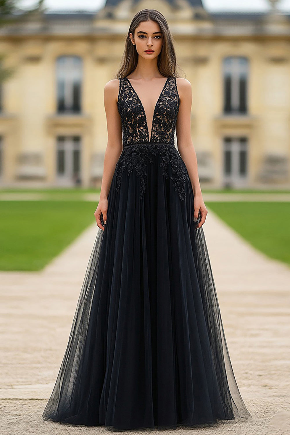 Leely Women Black V Neck A Line Tulle Prom Dress Lace Applique Long Formal Dress