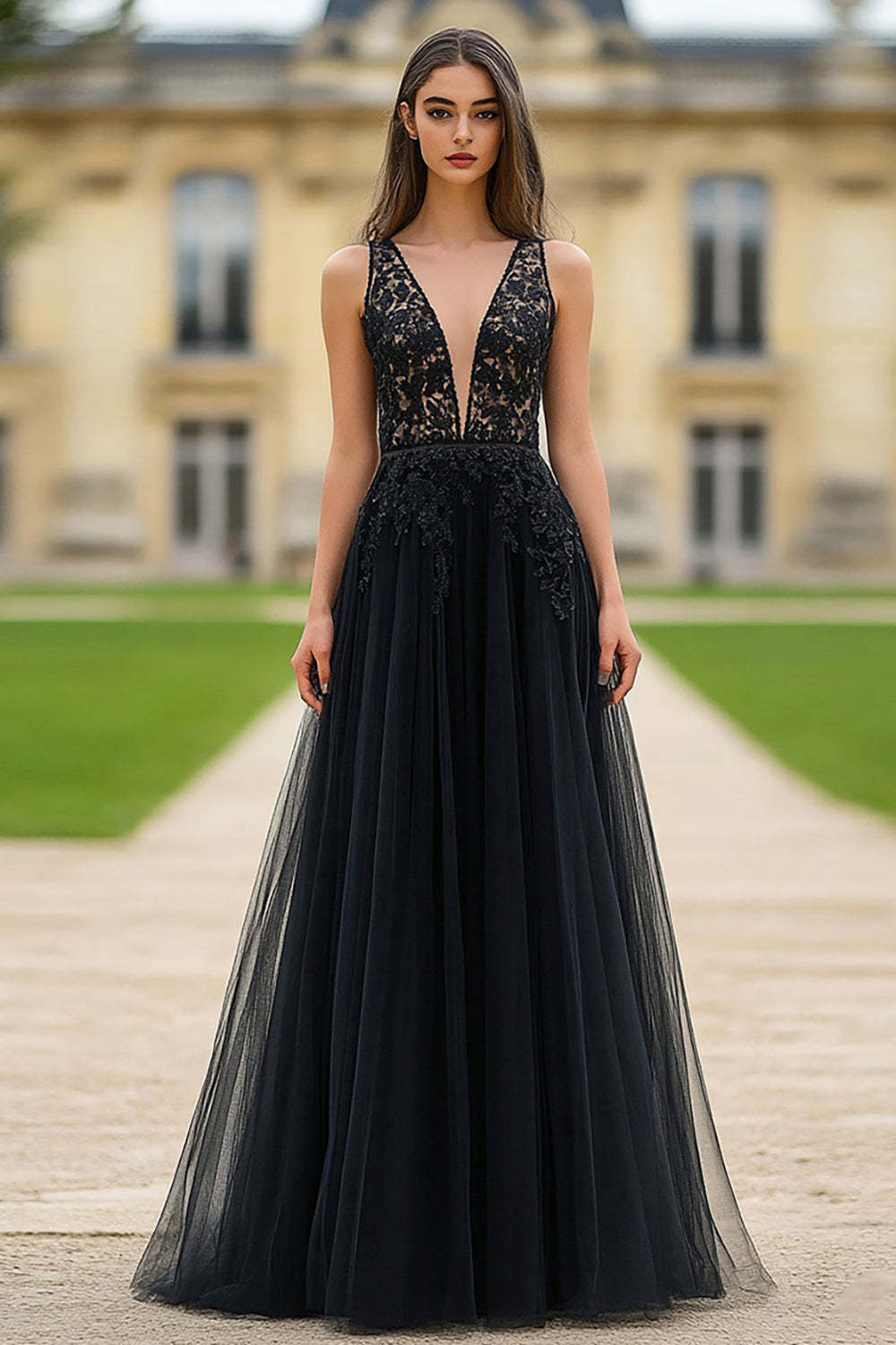 Leely Women Black V Neck A Line Tulle Prom Dress Lace Applique Long Formal Dress