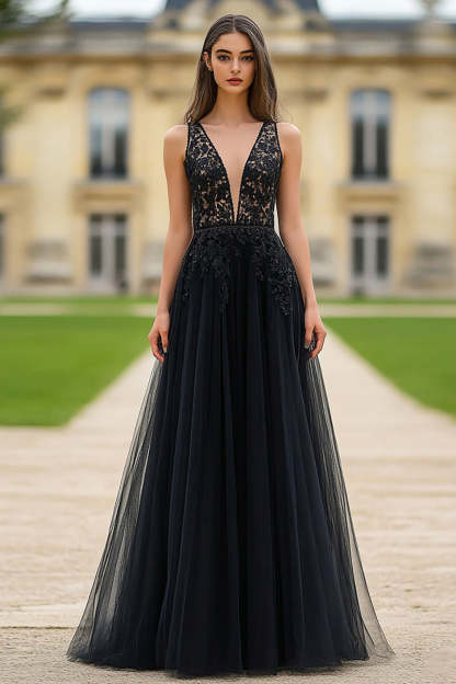 Leely Women Black V Neck A Line Tulle Prom Dress Lace Applique Long Formal Dress