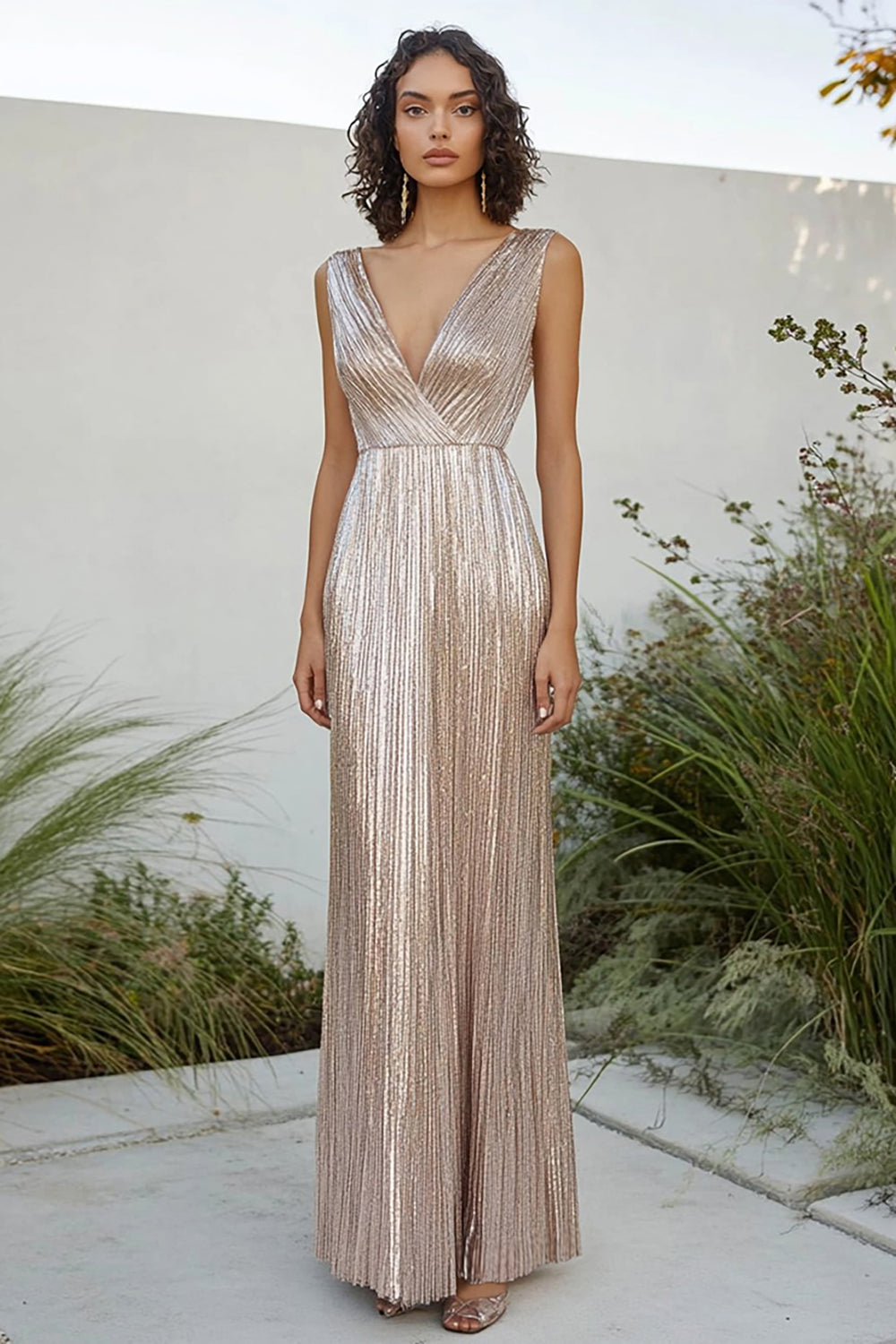Champagne V Neck Pleated Sheath Long Formal Dress
