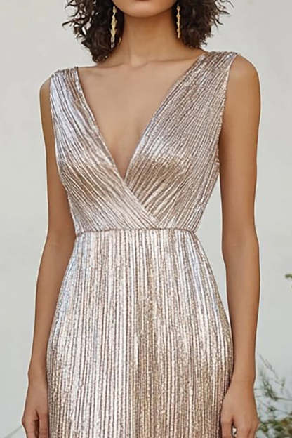 Champagne V Neck Pleated Sheath Long Formal Dress