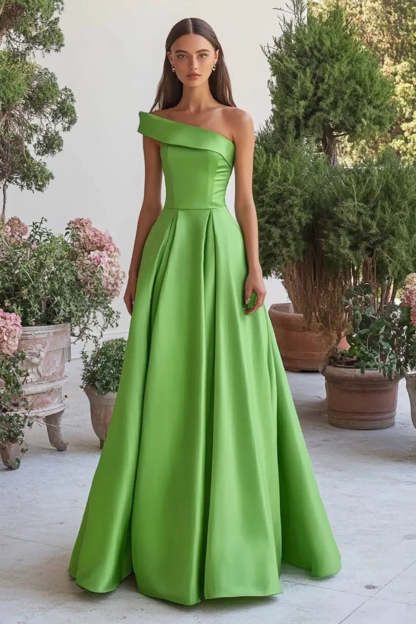 Leely Women Green Satin A Line Long Formal Dress One Shoulder Pleated Gala Dress