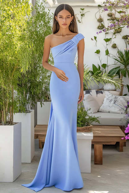 Leely Women Sky Blue One Shoulder Sheath Formal Dress Matte Satin Floor Length Wedding Guest Dress