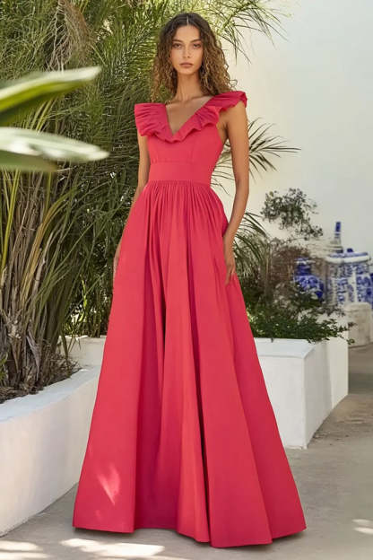 Leely Women Red V Neck A Line Pleated Formal Dress Long Cap Sleeves Wedding Guest Dress