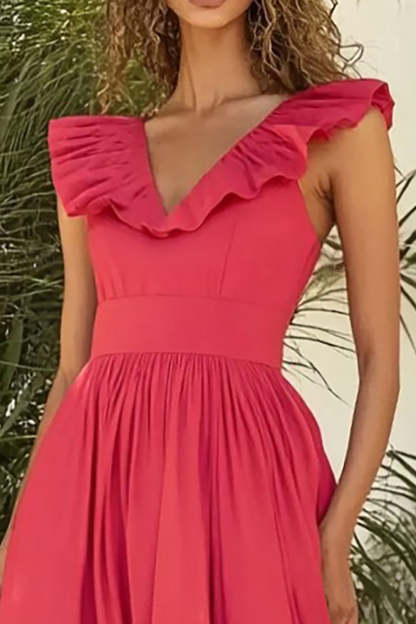 Red V Neck A Line Pleated Long Formal Dress