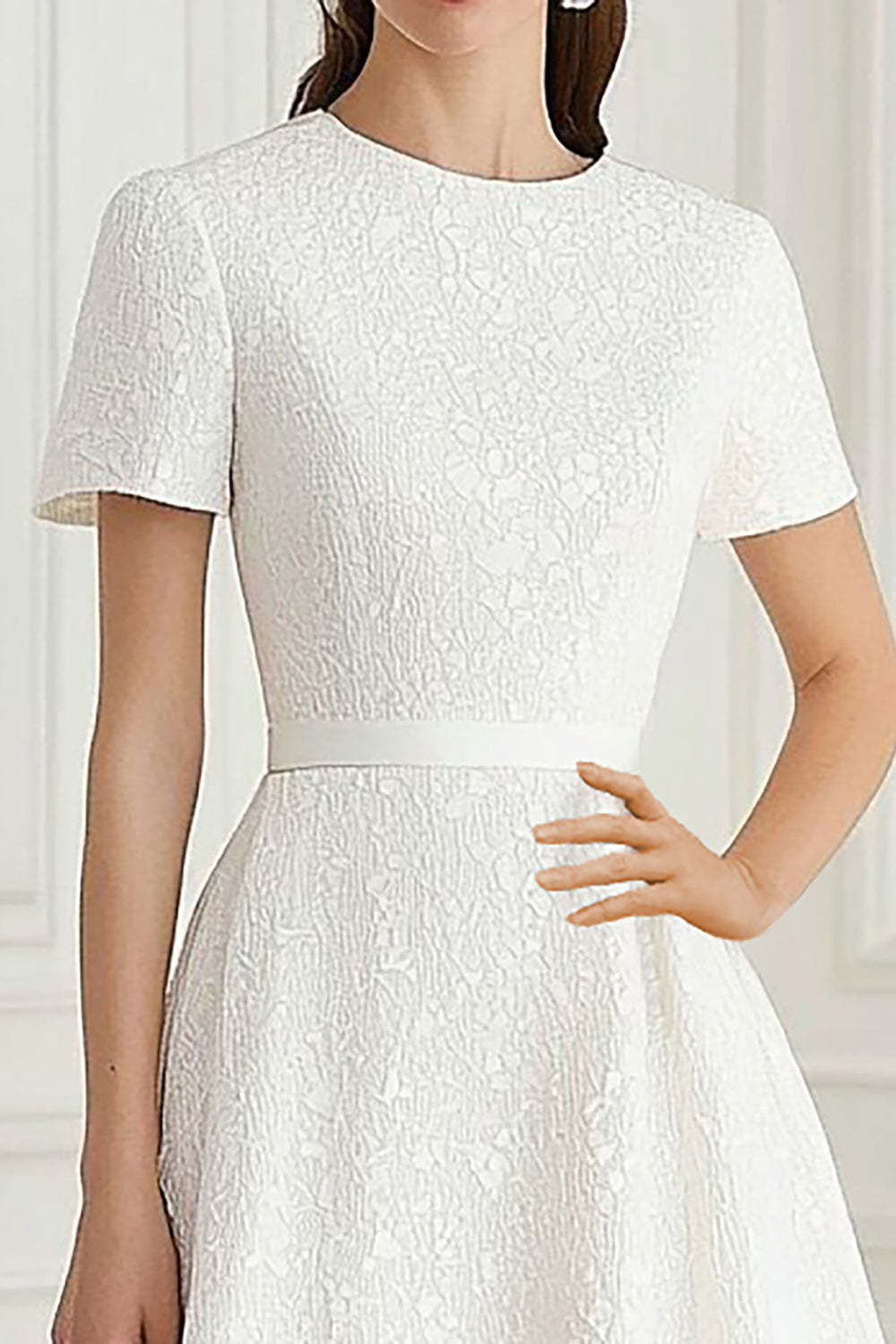 Ivory Short Sleeves A Line Jacquard Tea Length Formal Dress