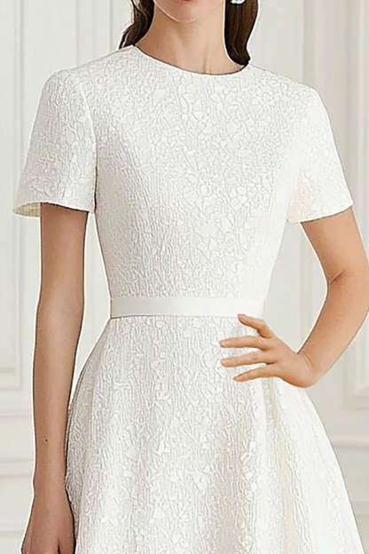 Ivory Short Sleeves A Line Jacquard Tea Length Formal Dress