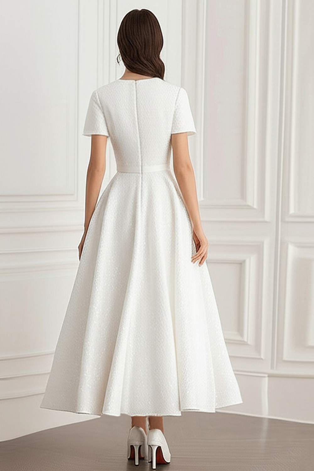 Ivory Short Sleeves A Line Jacquard Tea Length Formal Dress