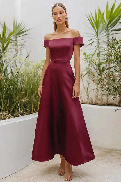 Leely Women Burgundy Off the Shoulder Satin A Line Formal Dress Tea Length Wedding Guest Dress
