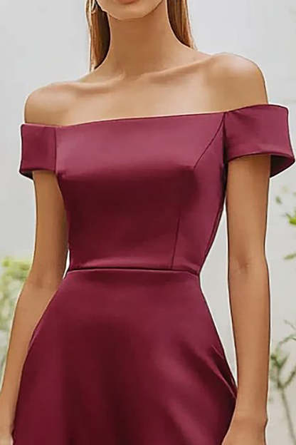 Burgundy Off the Shoulder Satin A Line Formal Dress