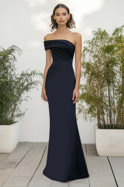Leely Women Elegant Black Sheath Matte Satin Formal Dress Off the Shoulder Floor Length Wedding Guest Dress