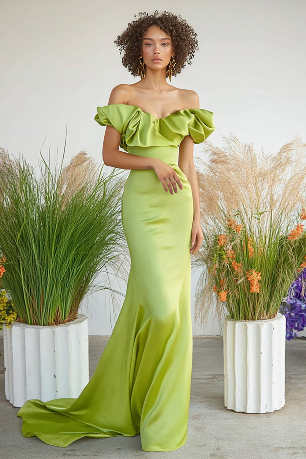 Leely Women Lemon Green Satin Sheath Floor Length Formal Dress Off the Shoulder Ruffled Wedding Guest Dress