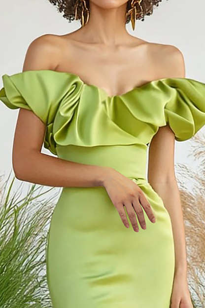 Lemon Green Off the Shoulder Satin Sheath Floor Length Formal Dress