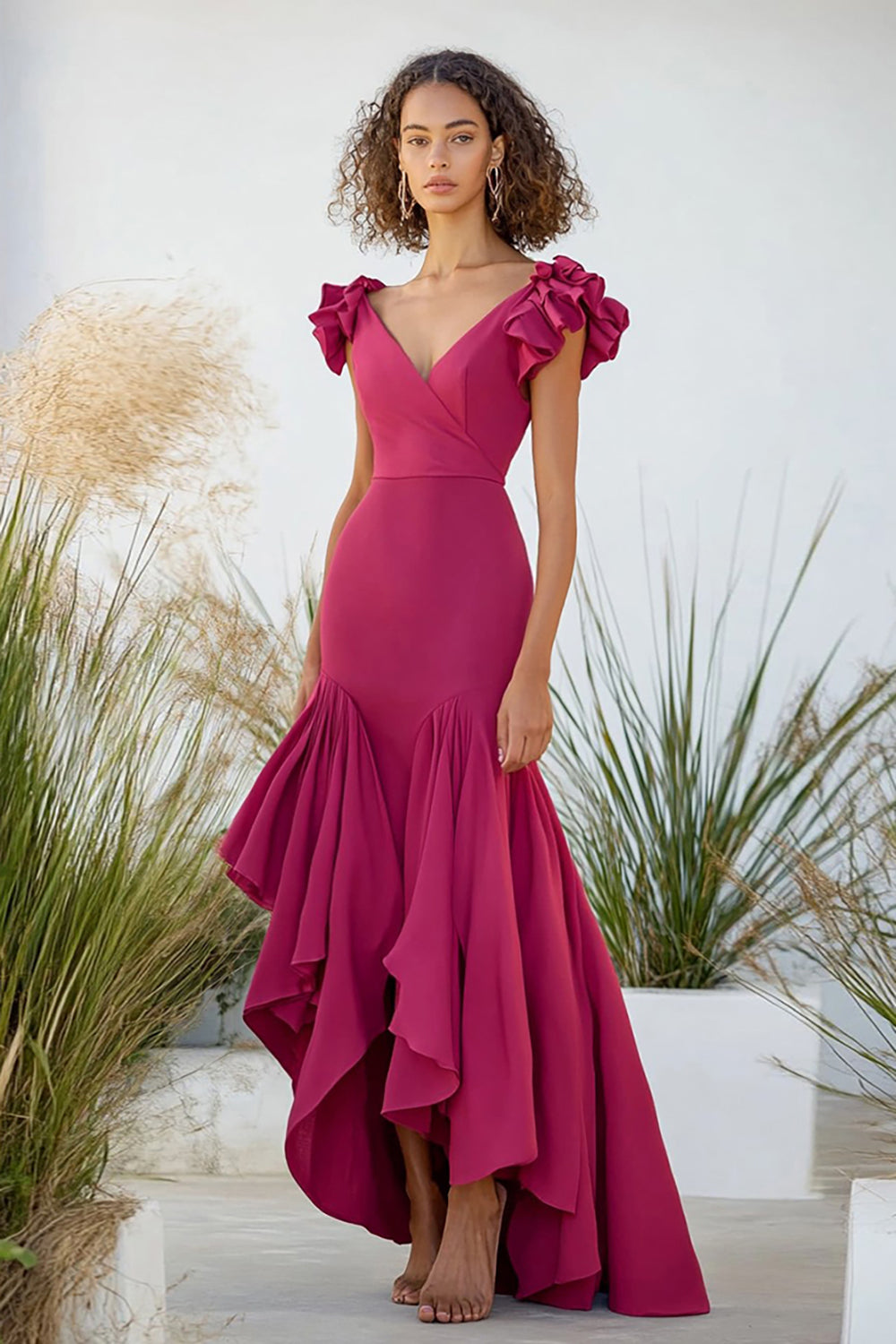 Leely Women Fuchsia V Neck Ruffled Sheath Formal Dress Taffeta High Low Wedding Guest Dress