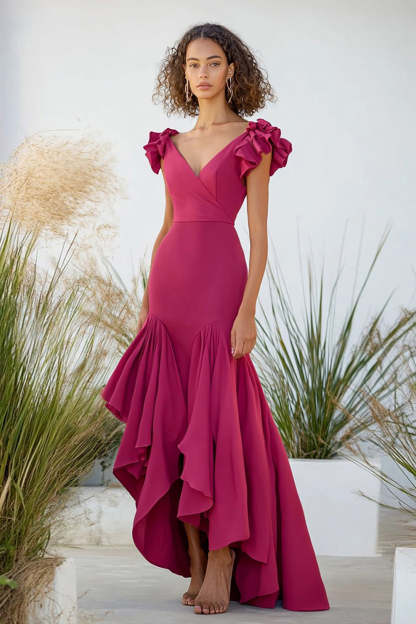Leely Women Fuchsia V Neck Ruffled Sheath Formal Dress Taffeta High Low Wedding Guest Dress