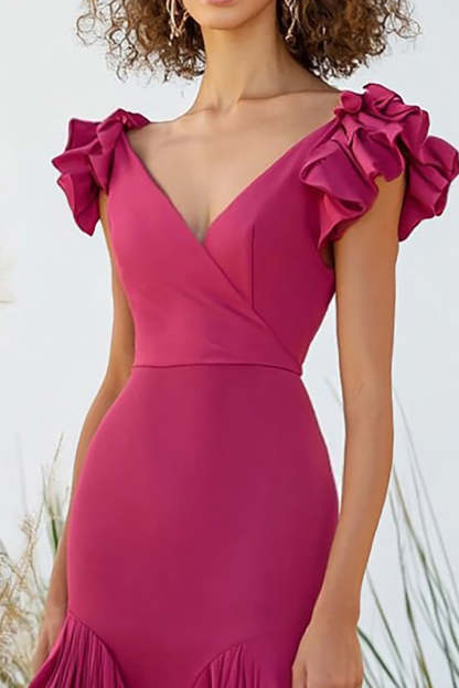Fuchsia V Neck Ruffled Sheath High Low Formal Dress