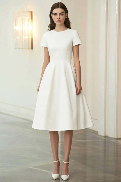 Leely Women Ivory A Line Jacquard Formal Dress Short Sleeves Mid Length Wedding Guest Dress