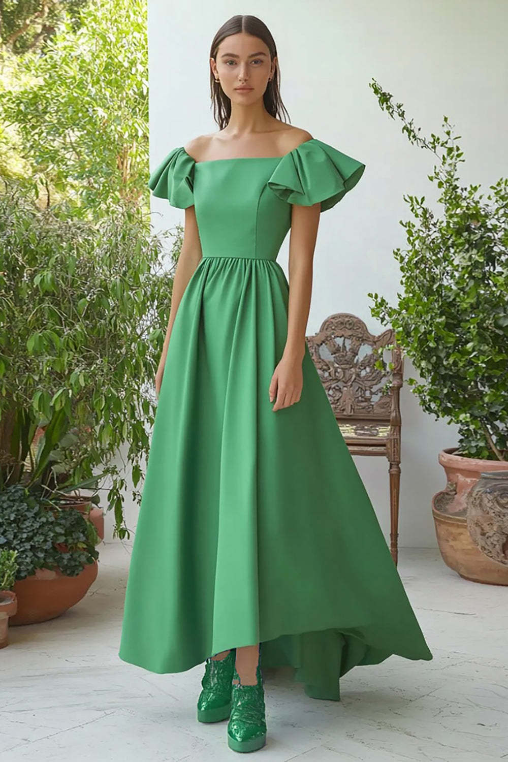 Leely Women Green Square Neck A Line Formal Dress Cap Sleeves Tea Length Wedding Guest Dress