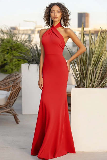 Leely Women Red Sheath Halter Formal Dress Matte Satin Maxi Wedding Guest Dress