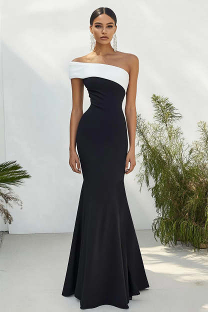 Leely Women Black White One Shoulder Sheath Formal Dress Matte Satin Maxi Wedding Guest Dress