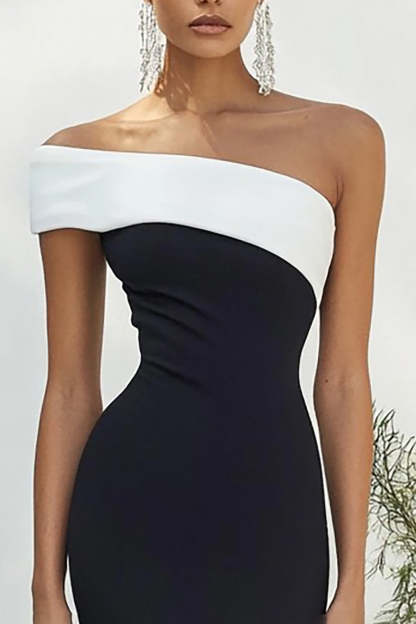 Black White One Shoulder Sheath Matte Satin Maxi Formal Dress