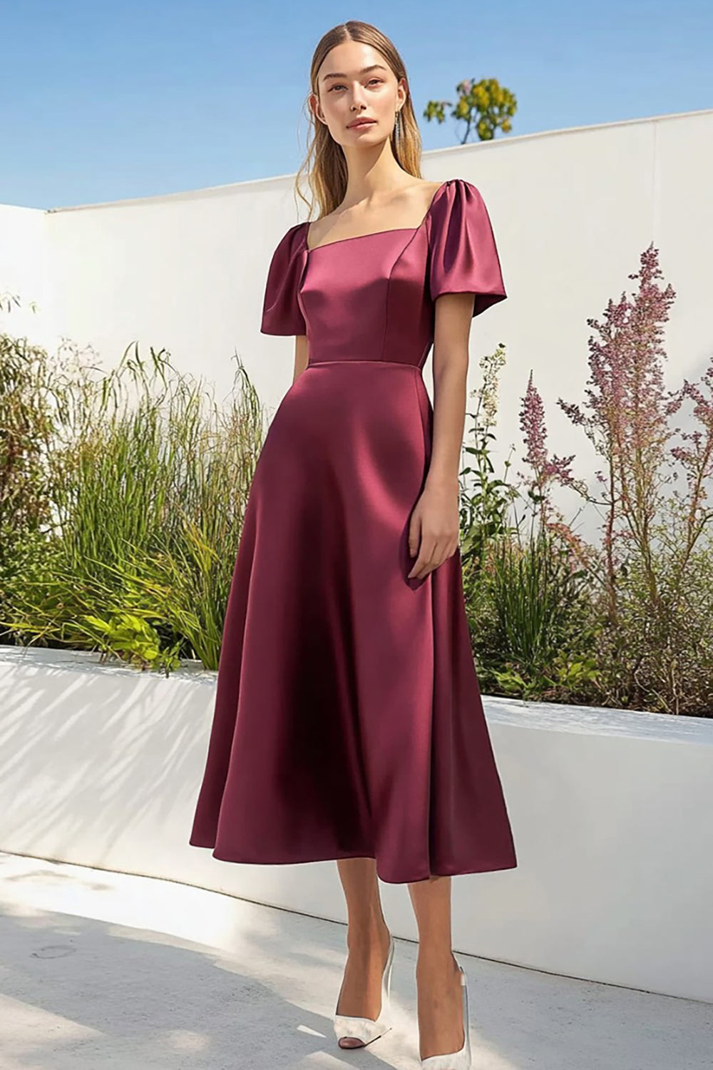 Burgundy Square Neck Satin Tea Length A Line Formal Dress