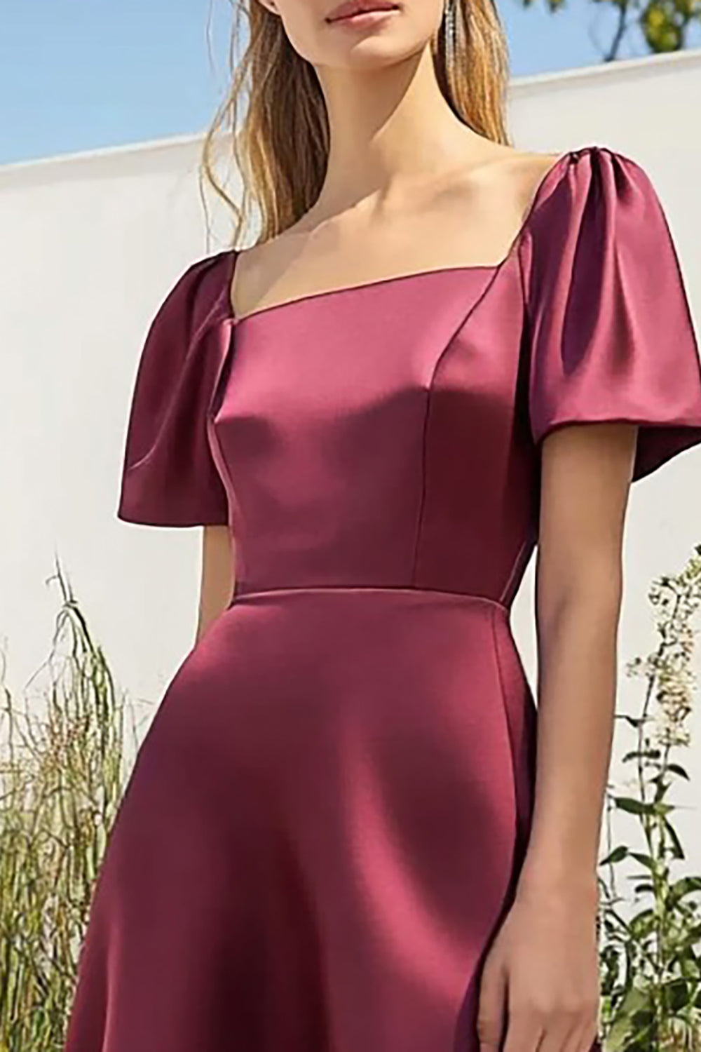 Burgundy Square Neck Satin Tea Length A Line Formal Dress