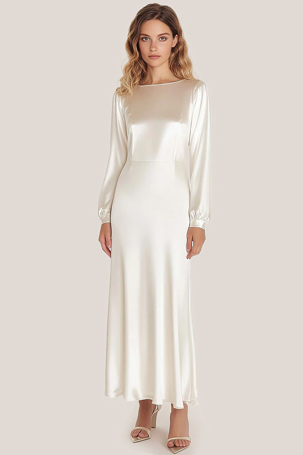 Leely Women Simple Ivory Sheath Satin Long Formal Dress Scoop Neck Long Sleeves Wedding Guest Dress