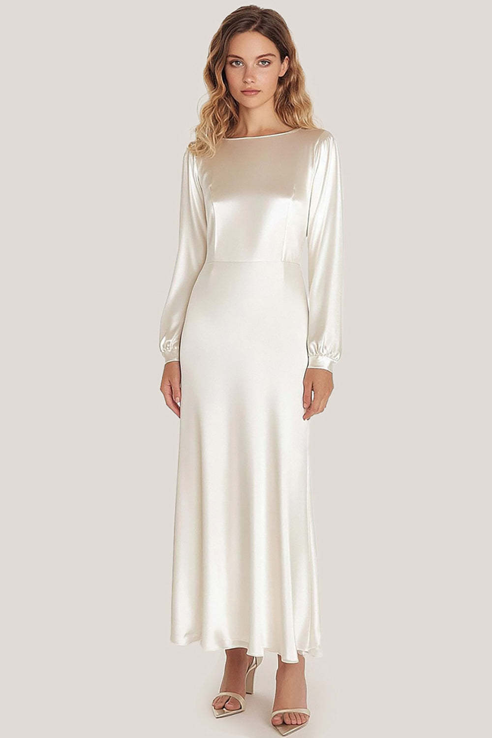 Leely Women Simple Ivory Sheath Satin Long Formal Dress Scoop Neck Long Sleeves Wedding Guest Dress