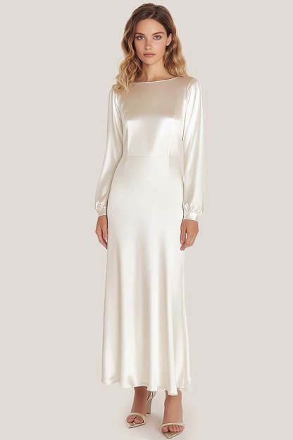Leely Women Simple Ivory Sheath Satin Long Formal Dress Scoop Neck Long Sleeves Wedding Guest Dress
