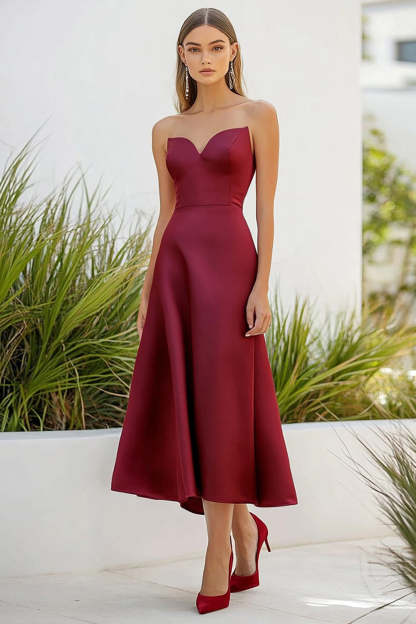 Leely Women Satin A Line Burgundy Sweetheart Formal Dress Strapless Tea Length Wedding Guest Dress