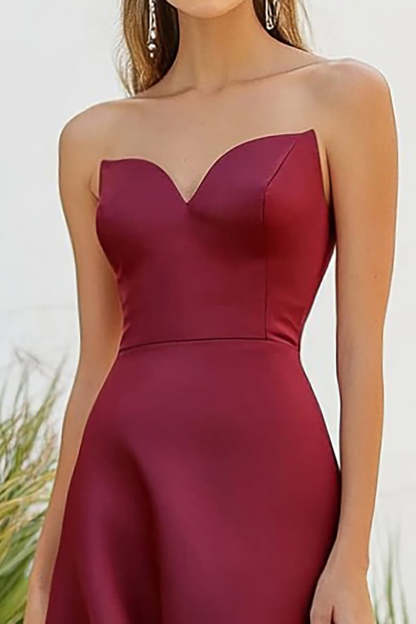 Satin A Line Burgundy Sweetheart Tea Length Formal Dress