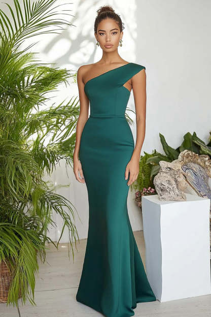 Leely Women Dark Green Sheath Maxi Formal Dress Matte Satin One Shoulder Wedding Guest Dress