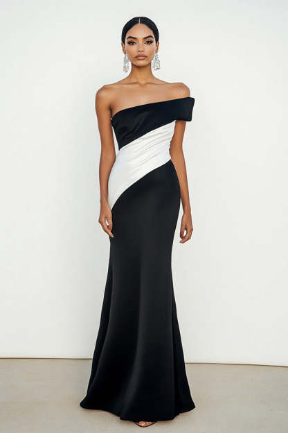 Leely Women Black White Off the Shoulder Sheath Maxi Formal Dress Matte Satin Ruched Wedding Guest Dress