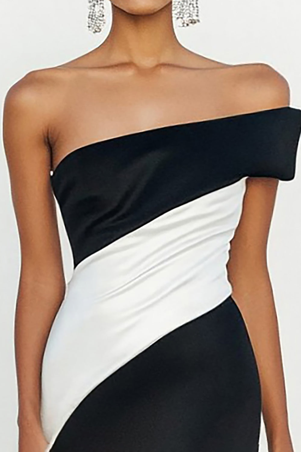 Matte Satin Black White Off the Shoulder Sheath Maxi Formal Dress