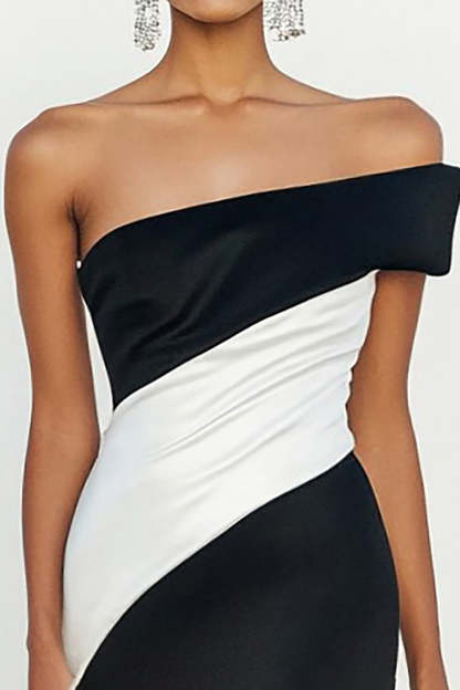 Matte Satin Black White Off the Shoulder Sheath Maxi Formal Dress