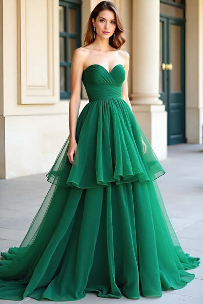 Leely Women Green Ball Gown Sweetheart Prom Dress with Ruffles Tiered Floor Length Formal Dress