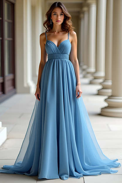 Leely Women Blue Pleated A Line Organza Prom Dress Spaghetti Straps Floor Length Formal Dress