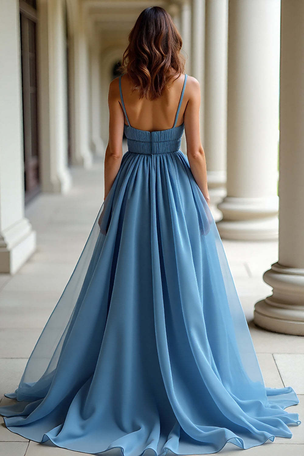 Blue Spaghetti Straps Pleated A Line Organza Prom Dress