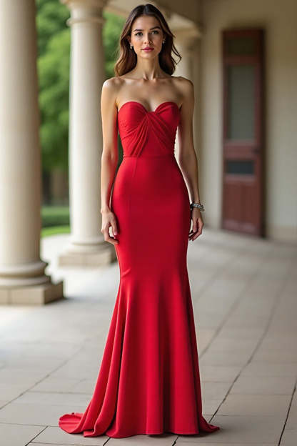 Leely Women Red Sweetheart Sheath Stretch Satin Prom Dress Strapless Floor Length Formal Dress