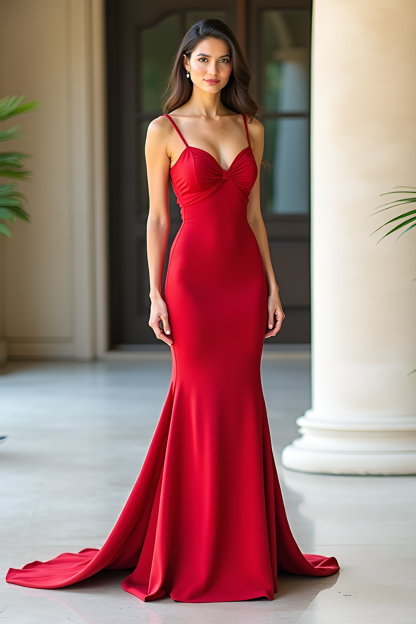 Leely Women Red Sweetheart Sheath Prom Dress Spaghetti Straps Maxi Formal Dress