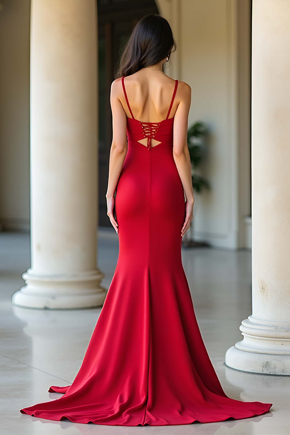 Red Spaghetti Straps Sweetheart Sheath Maxi Prom Dress