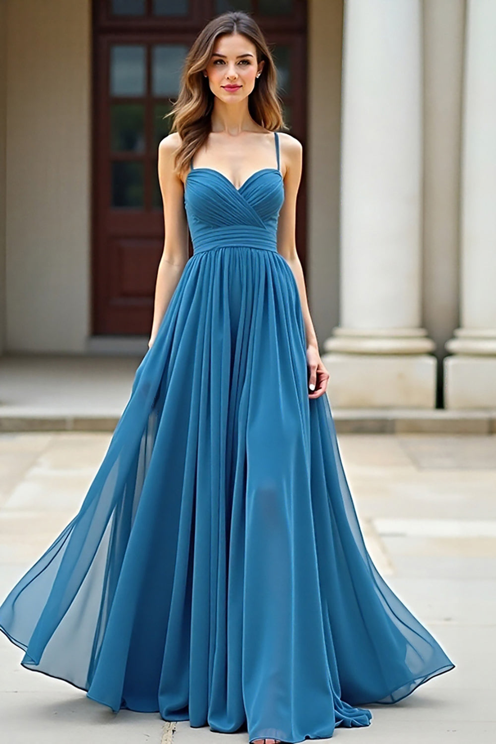 Leely Women Sweetheart Blue A Line Prom Dress Spaghetti Straps Pleated Long Formal Dress