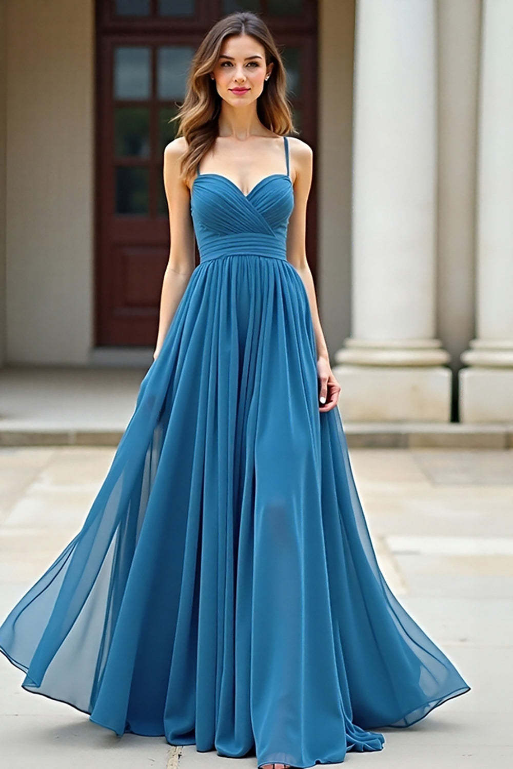 Leely Women Sweetheart Blue A Line Prom Dress Spaghetti Straps Pleated Long Formal Dress