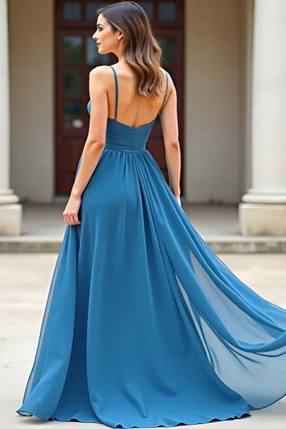 Spaghetti Straps Sweetheart Blue Pleated A Line Prom Dress