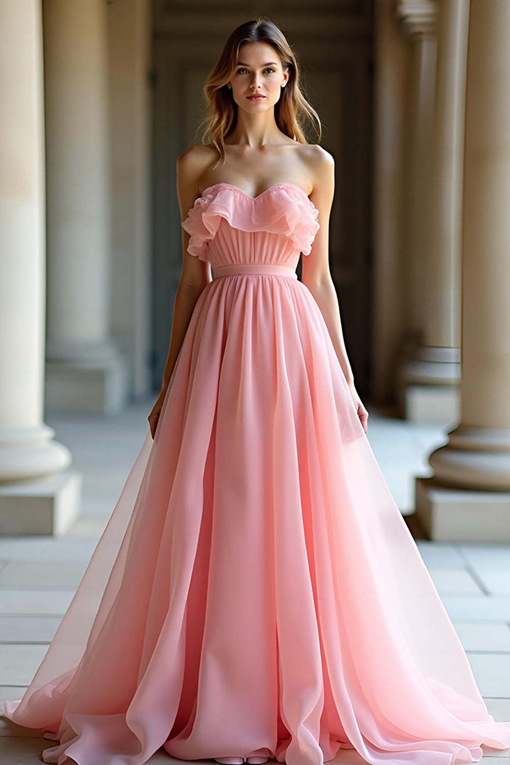 Leely Women Princess Sweetheart Pink A Line Prom Dress with Ruffles Pleated Sweep Train Formal Dress