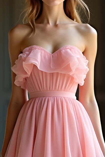 Princess Sweetheart Pink Pleated A Line Prom Dress with Ruffles